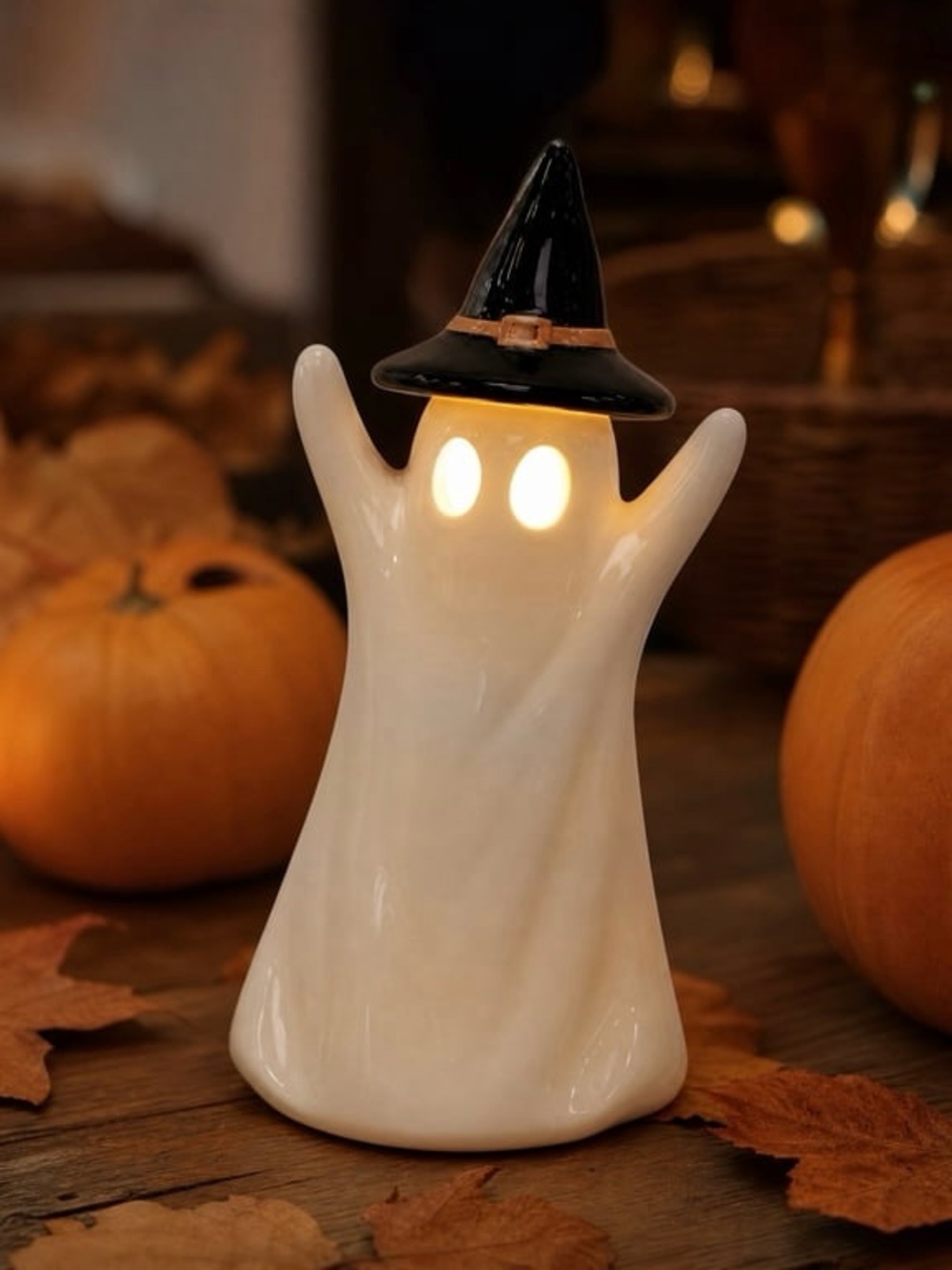Ceramic White LED Ghost Night Light/Home Accent With Black Witch Hat